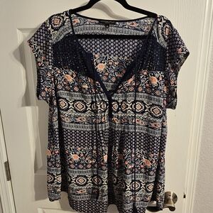 Signature Studio Blue and Coral Patterned Blouse